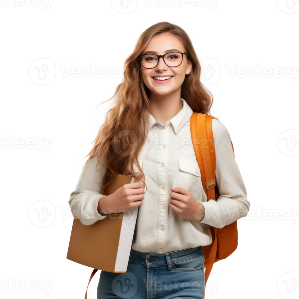 Smiling active excellent best student schoolgirl holding books and copybooks going to school wearing glasses and bag isolated in transparent background png