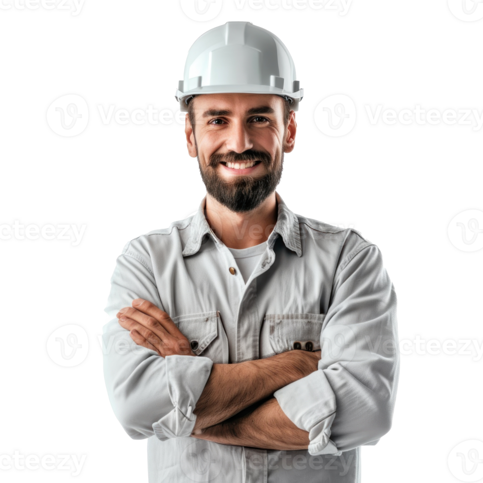 create a male engineer prompt. crossed arms and smiling isolate on trans background png