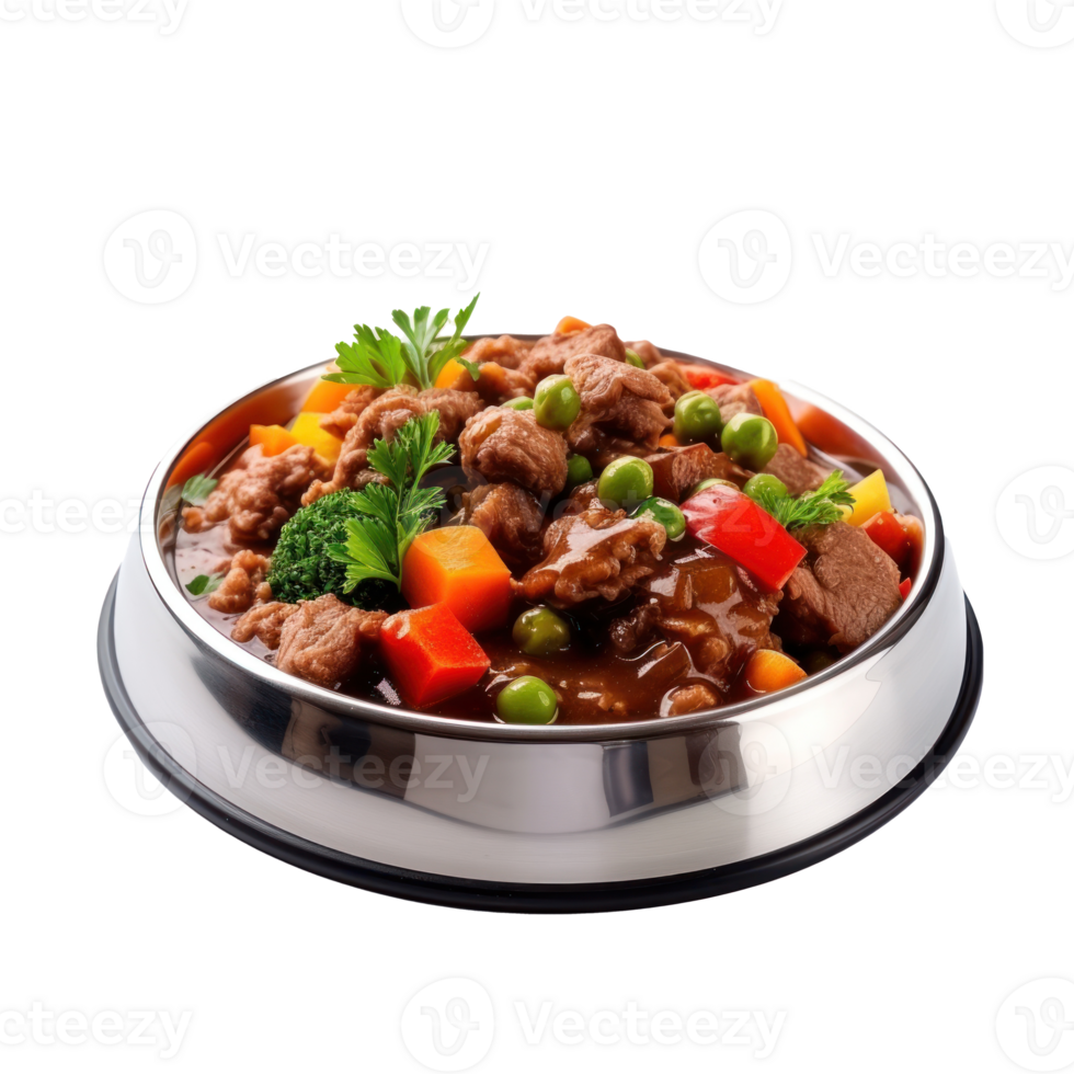 Wet complete food for adult dog with meat and vegetables isolated on transparent background png