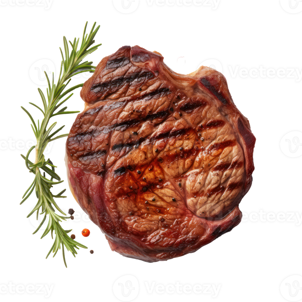 Grilled marbled beef steak top view, octan render isolate on transparent background png