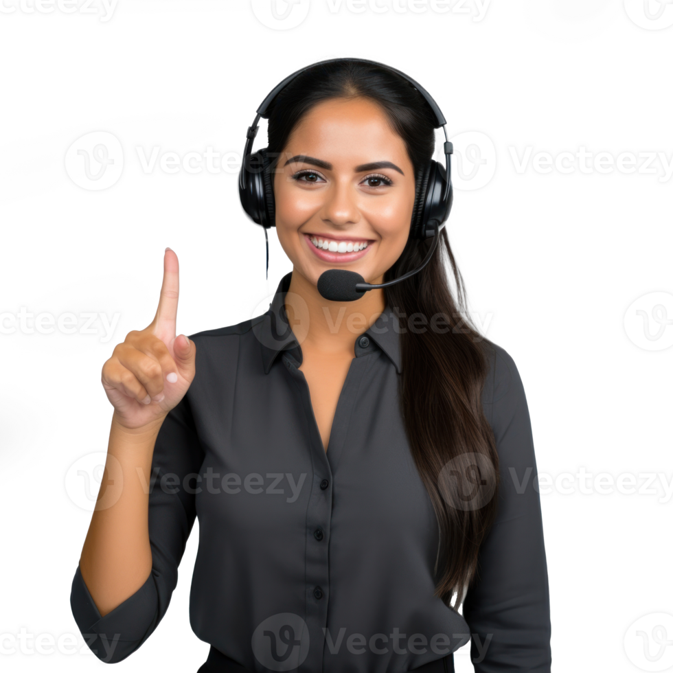 Woman with black hair with headphones and call center microphone with happy gesture on transparent background png