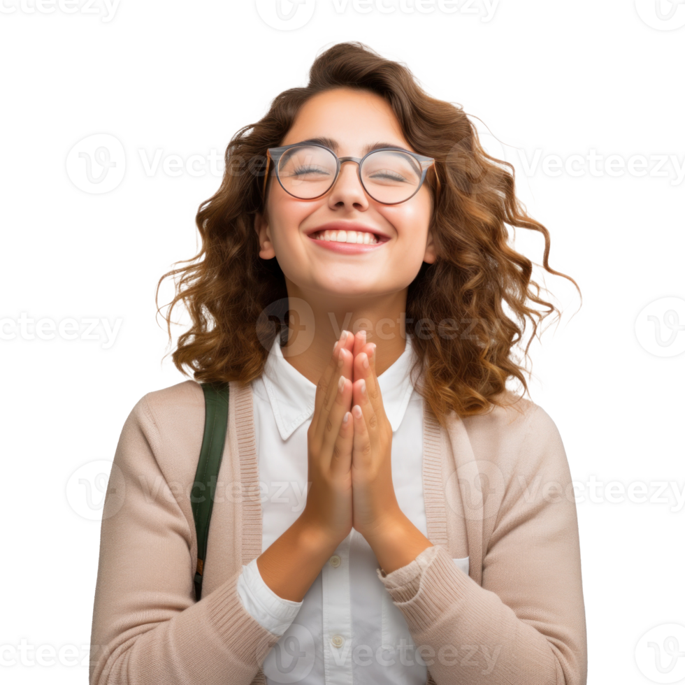 a woman with glasses is praying and smiling png