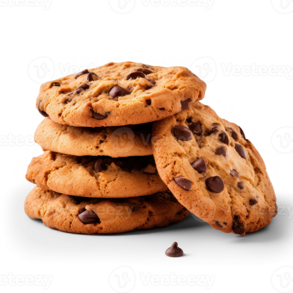 Product photo of a group of cookies with chocolate chips, transparent background png