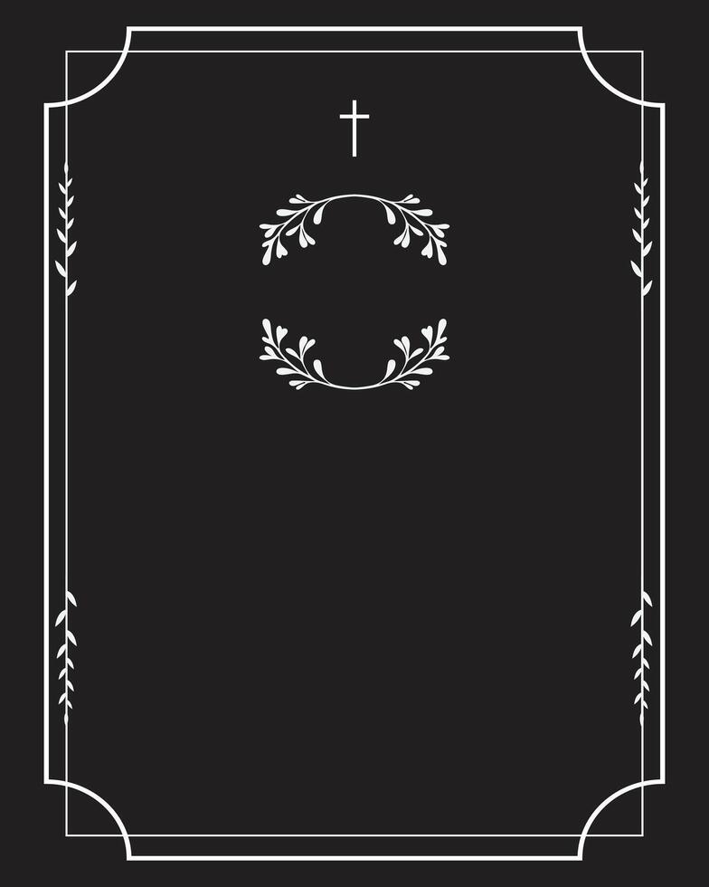 Funeral card. Empty card. Black and white frame with leaves and text vector