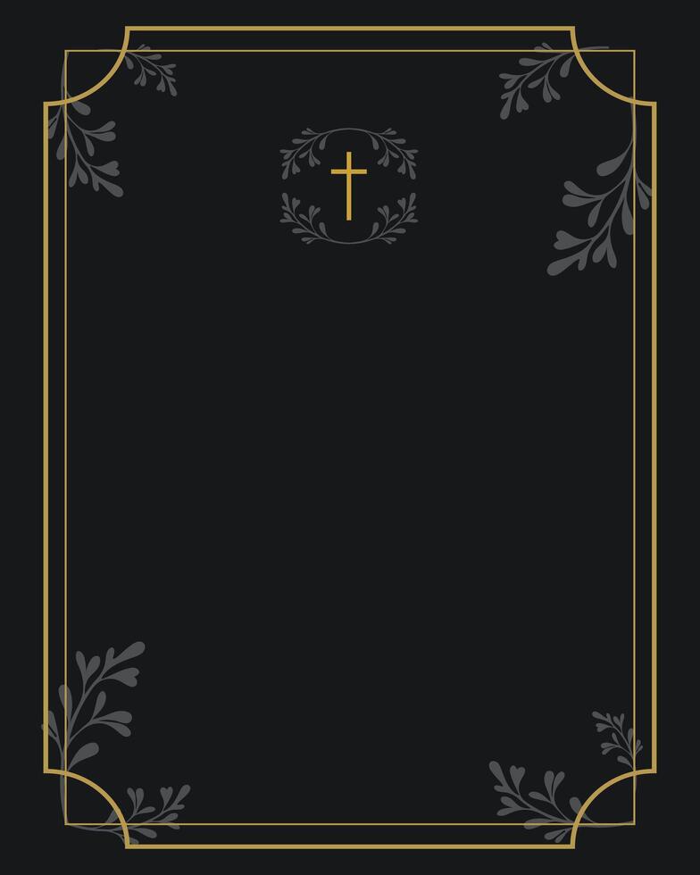 Funeral card. Empty card for funeral with black background and gold frame vector