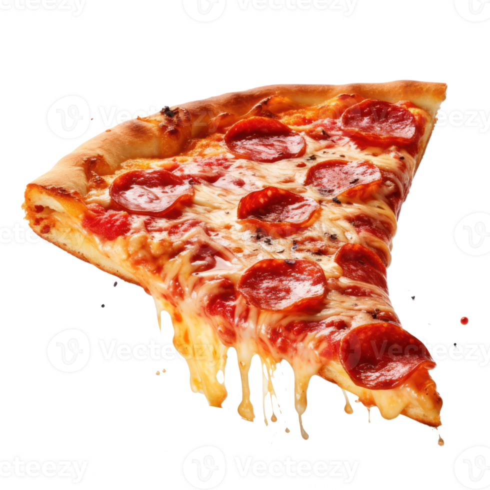 Hyperrealistic picture of neat slice of pepperoni pizza, focus on pizza background blurr, floating over transparent background png