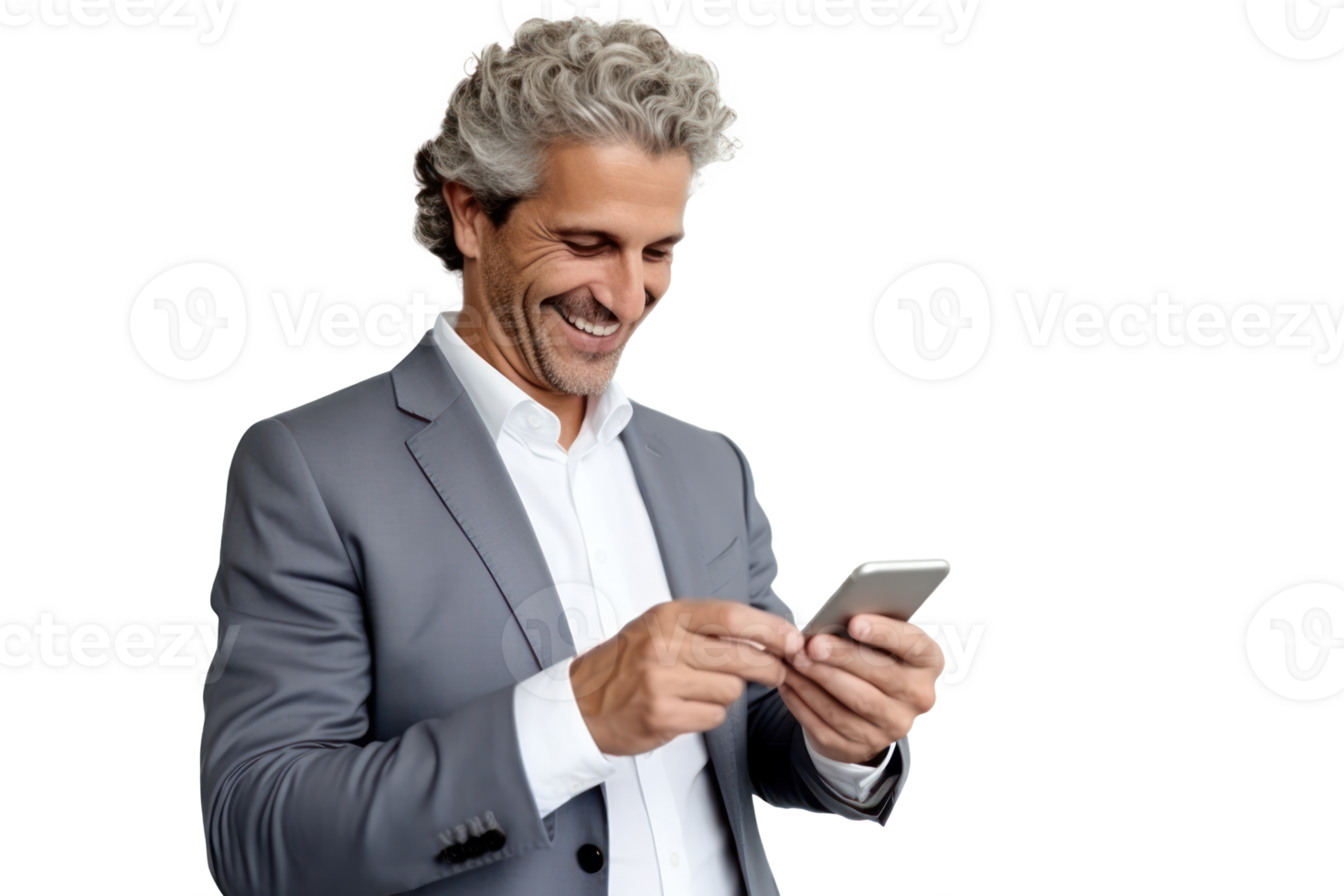 Portrait of smiling businessman looking at phone isolate on transparent background png