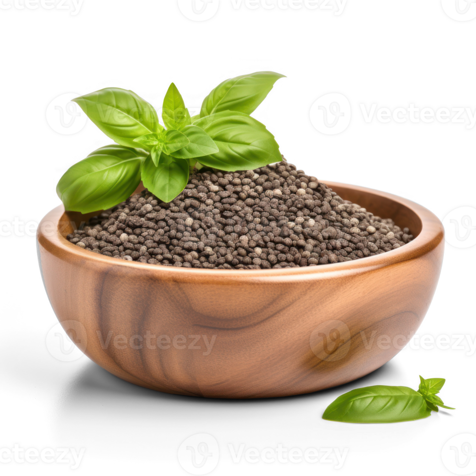 Basil seeds in wooden bowl isolated on transparent background png