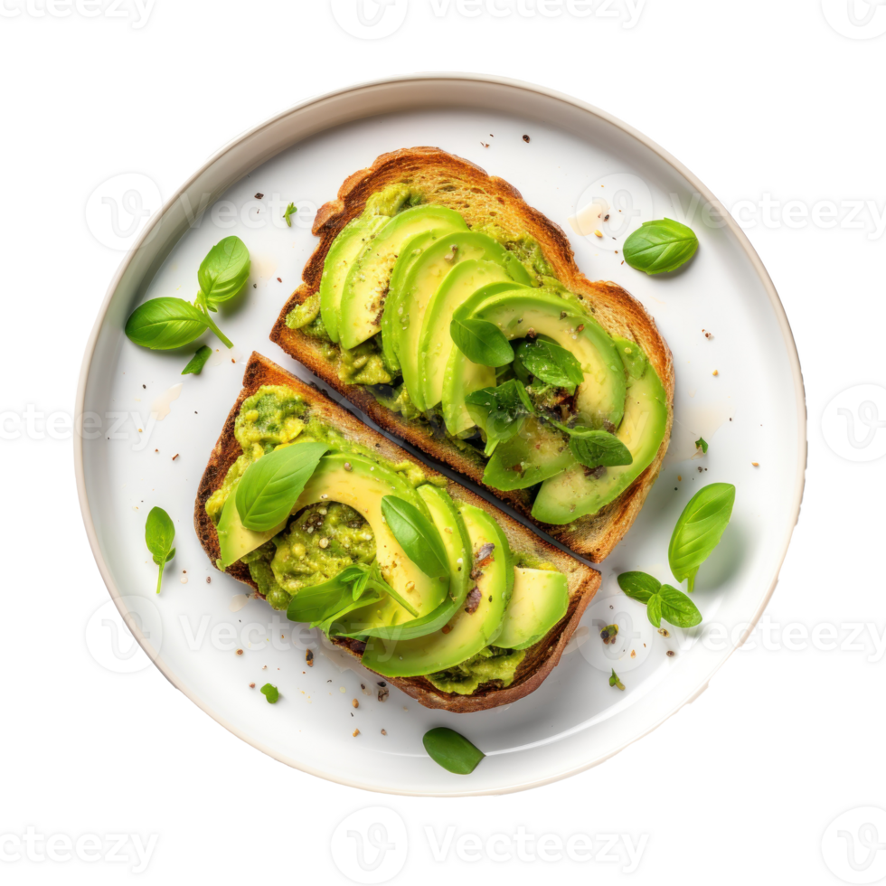 Overhead food photography, Delicious Plate of Avocado Toast, transparent background png