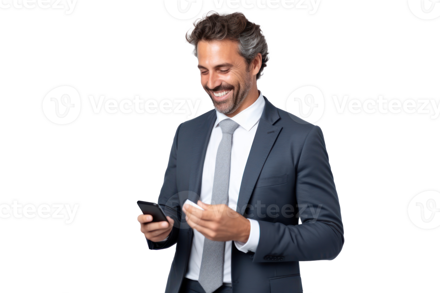 Caucassian professional businessman, with phone, transparent background png