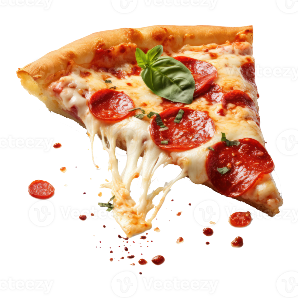 Hyperrealistic picture of neat slice of pepperoni pizza, focus on pizza background blurr, floating over transparent background png