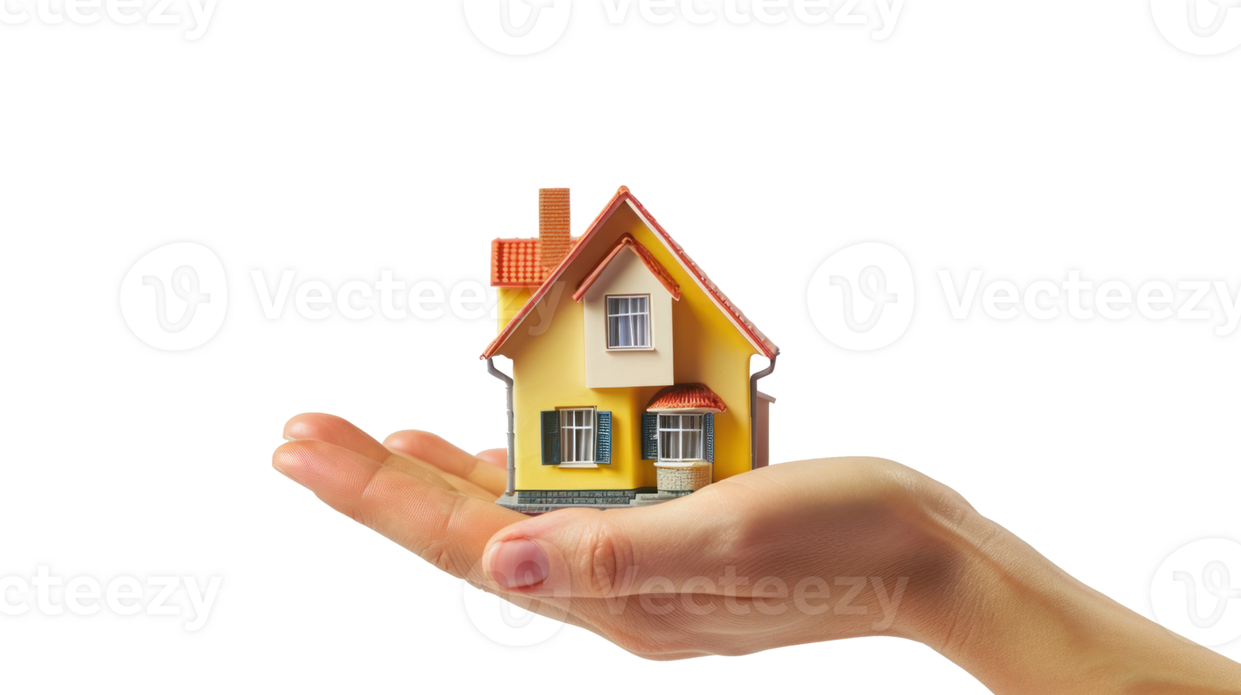 Miniature house model in human hand on transparent background png