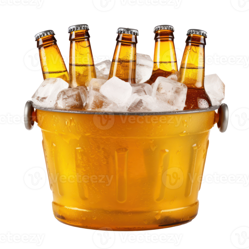 Cold bottles of beer in bucket with ice on wooden table on transparent background png