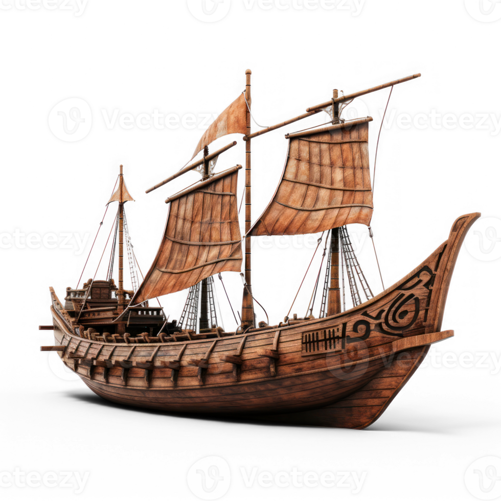 ancient small ship, side profile only, on a solid transparent background png