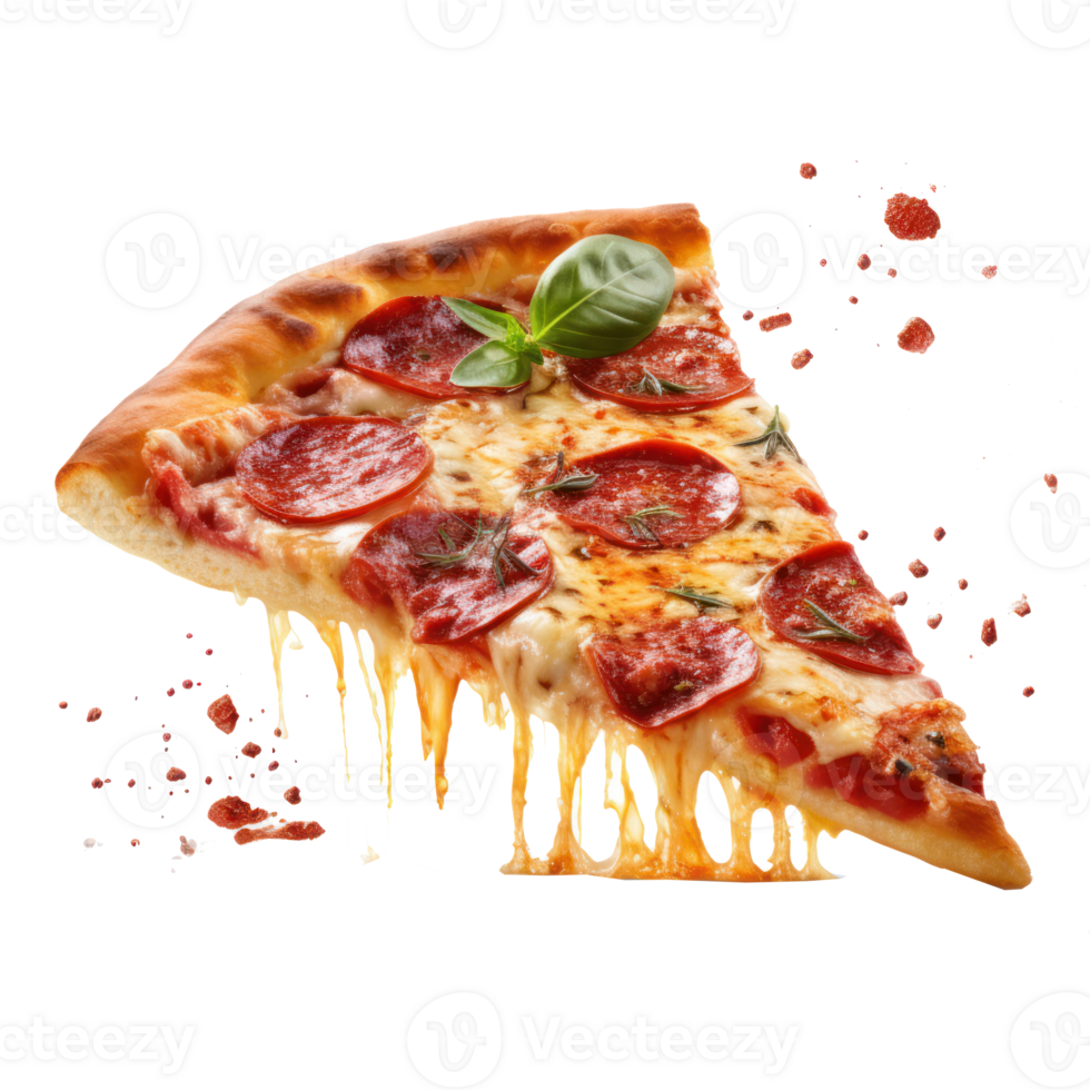 Hyperrealistic picture of neat slice of pepperoni pizza, focus on pizza background blurr, floating over transparent background png