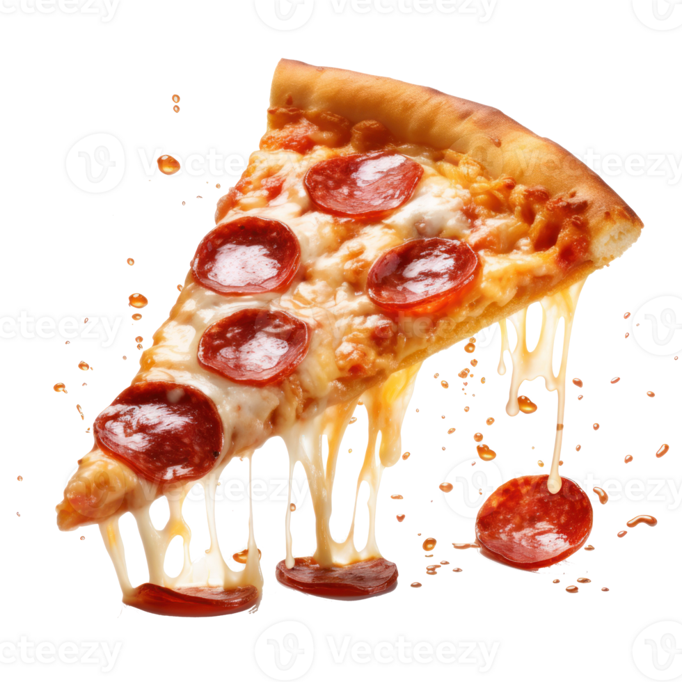 Hyperrealistic picture of neat slice of pepperoni pizza, focus on pizza background blurr, floating over transparent background png