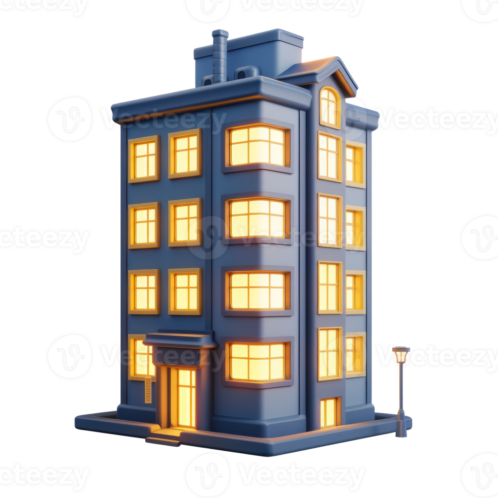 clay model of apartment building. 3d icon, clay icon, render, smooth surface, dark blue and warm yellow colors, glowing windows, transparent background png