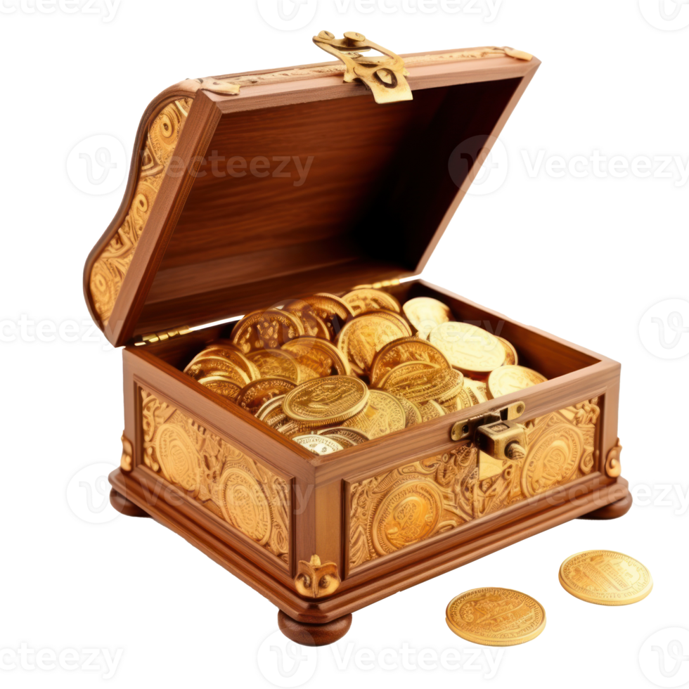 Open gold chest with Arabic ornament with a bunch of gold coins inside, on a transparent background png
