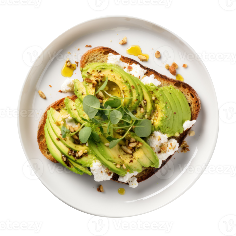 Overhead food photography, Delicious Plate of Avocado Toast, transparent background png