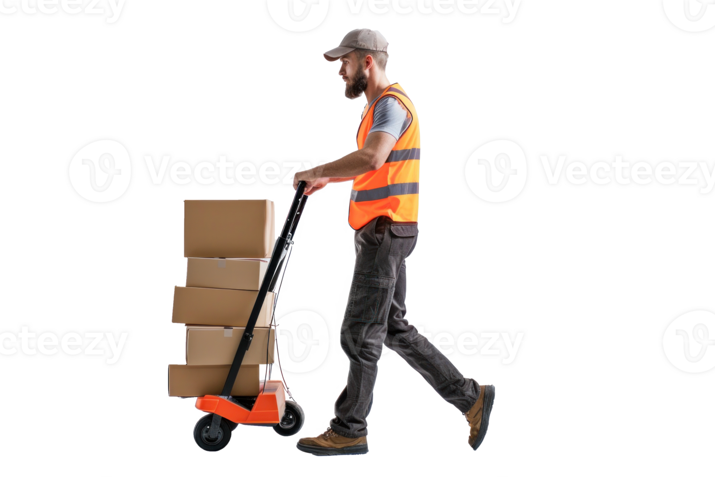 an heroic image of a postal worker wearing an safety vest and a hat, pushing a dolly with packages, on transparent background png