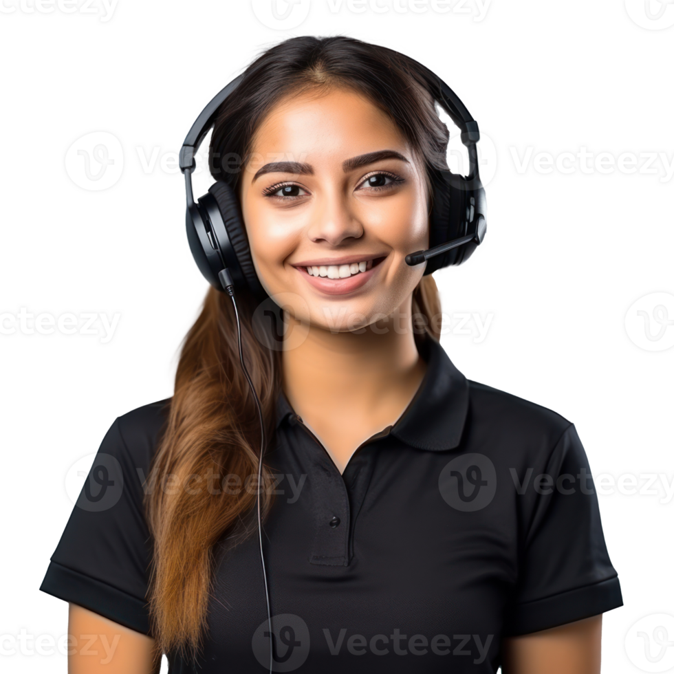 Mexican smiling girl customer support in a t-shirt with headset and with small microphone on a transparent background png