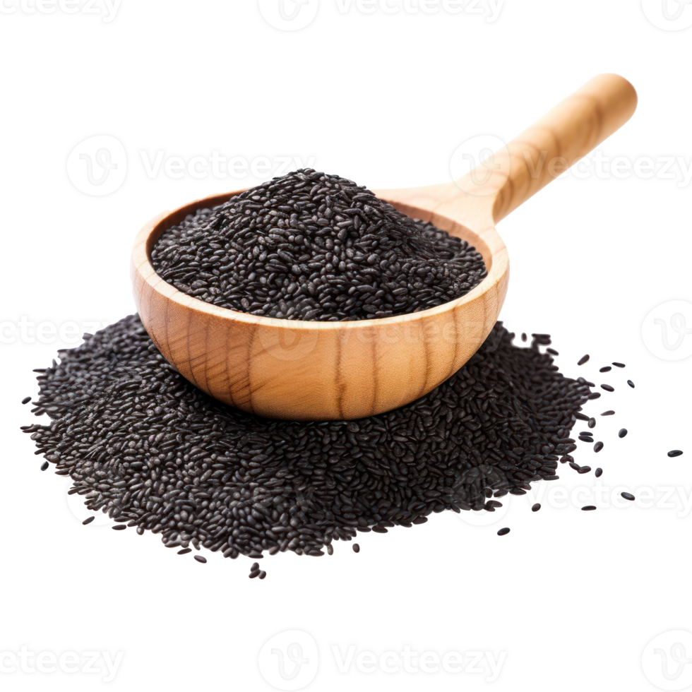 black mustard seeds in a wooden spoon on a transparent background png