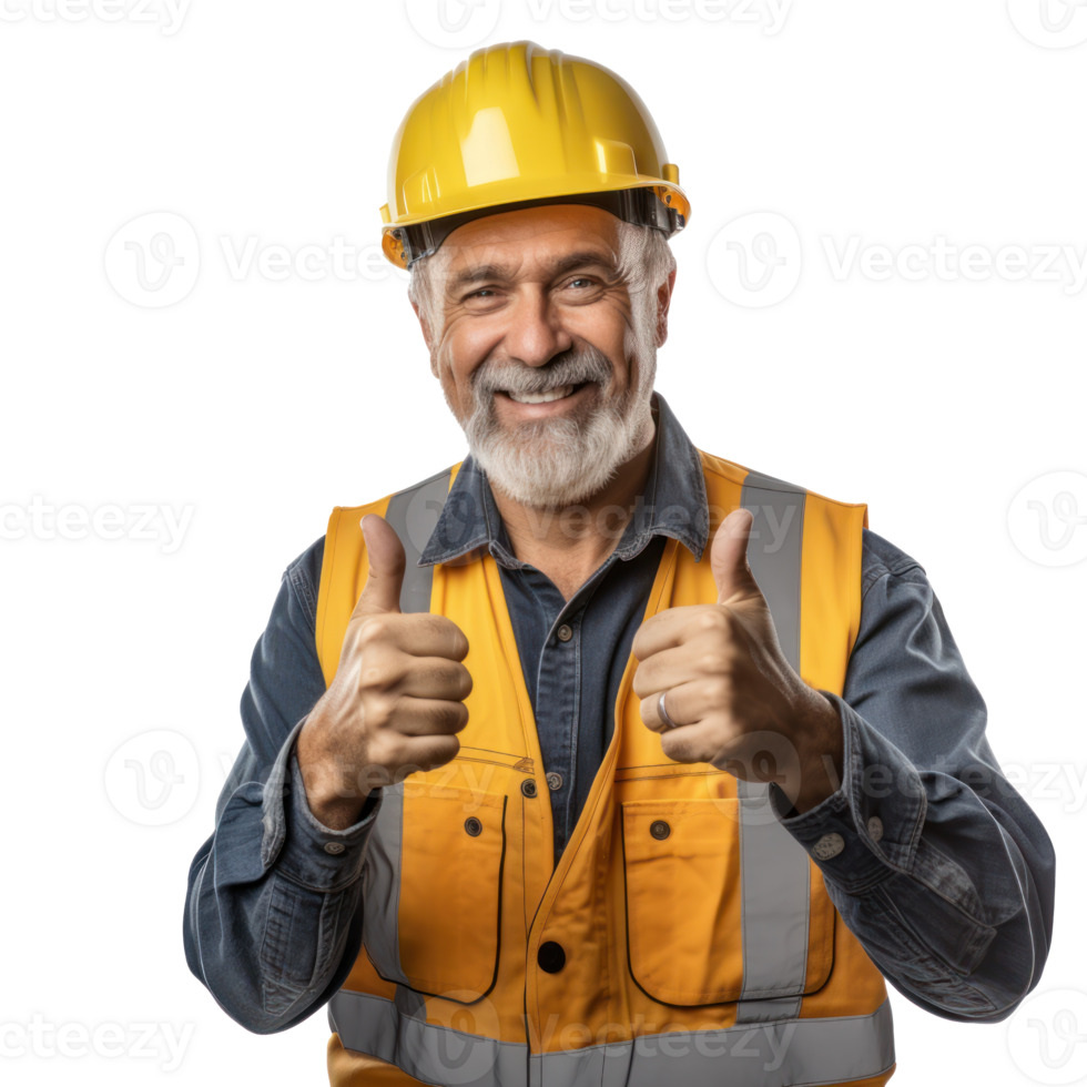 Happy middle aged man engineer, thump up, smile face, half body, on transparent background png