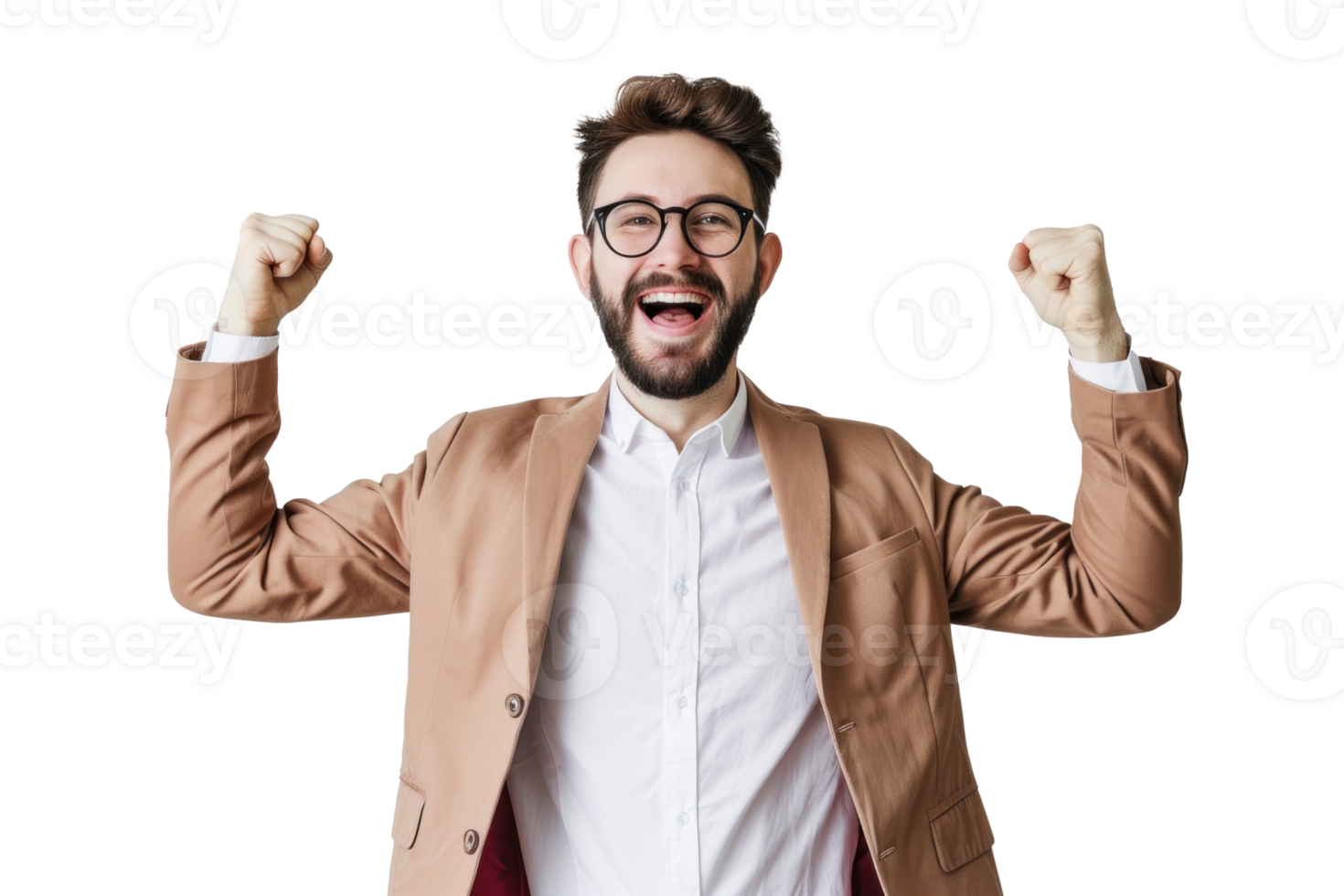 Medium shot smiling young business man celebrating isolated on transparent background png