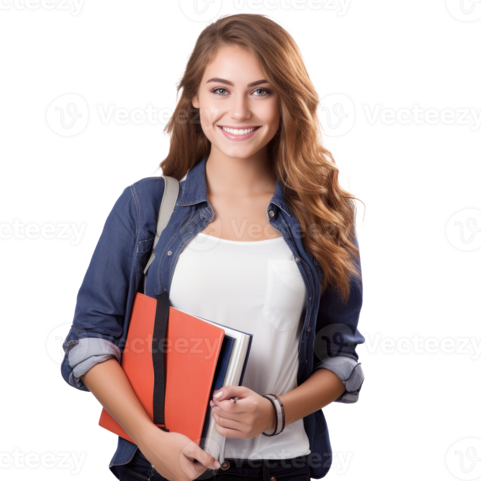 University student, holding notebooks, wearing bag , smiling, transparent background png