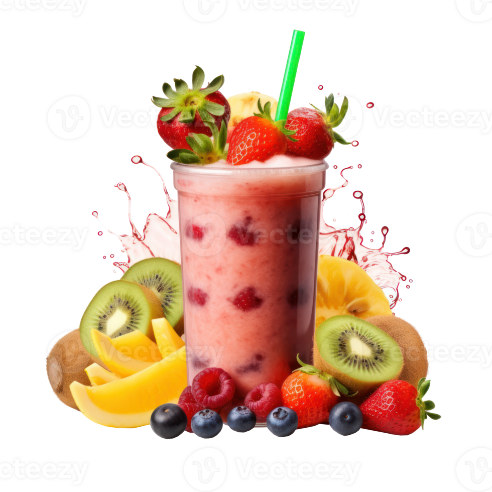 Freshly pressed Fruit vegetable juice smoothie with fruits veggie toppings on transparent background png