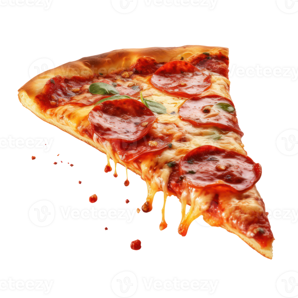 Hyperrealistic picture of neat slice of pepperoni pizza, focus on pizza background blurr, floating over transparent background png