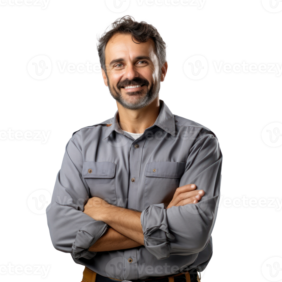 Help create a male engineer prompt. crossed arms and smiling transparent background png