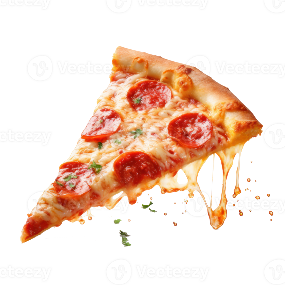 Hyperrealistic picture of neat slice of pepperoni pizza, focus on pizza background blurr, floating over transparent background png