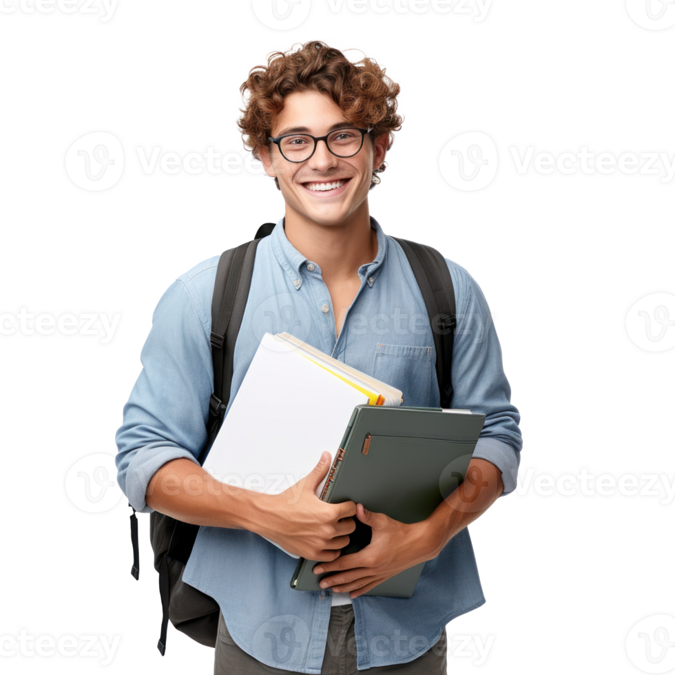 University student, holding notebooks, wearing bag , smiling, transparent background png