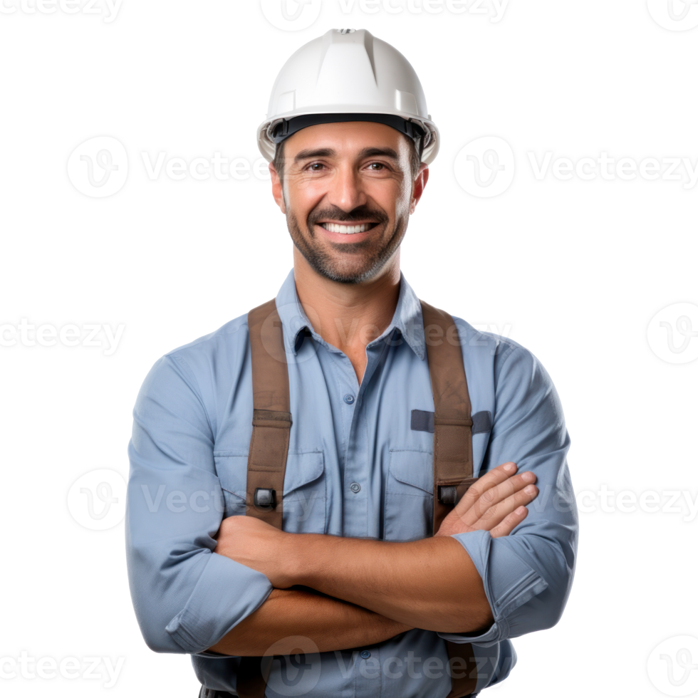 Help create a male engineer prompt. crossed arms and smiling transparent background png