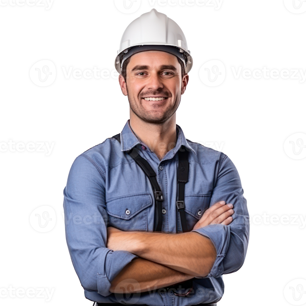 a smiling man in a hard hat standing with his arms crossed png