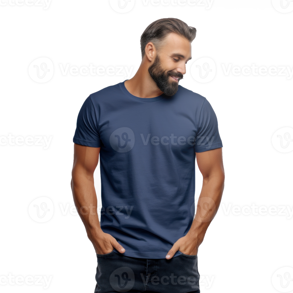 man in blue t - shirt standing with hands in pockets png