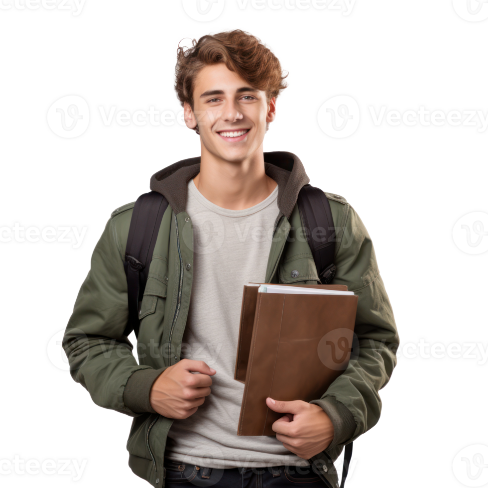 University student, holding notebooks, wearing bag , smiling, transparent background png