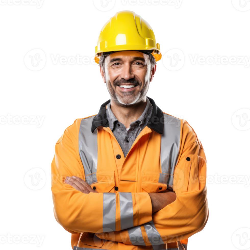 a smiling man in an orange vest and hard hat png