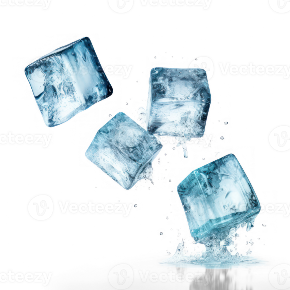 Four flying ice cubes phototrealistic isolated on transparent background png