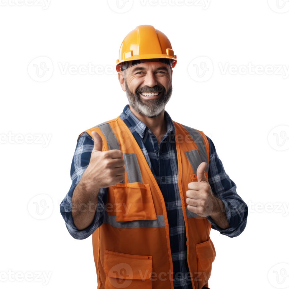 Happy middle aged man engineer, thump up, smile face, half body, on transparent background png