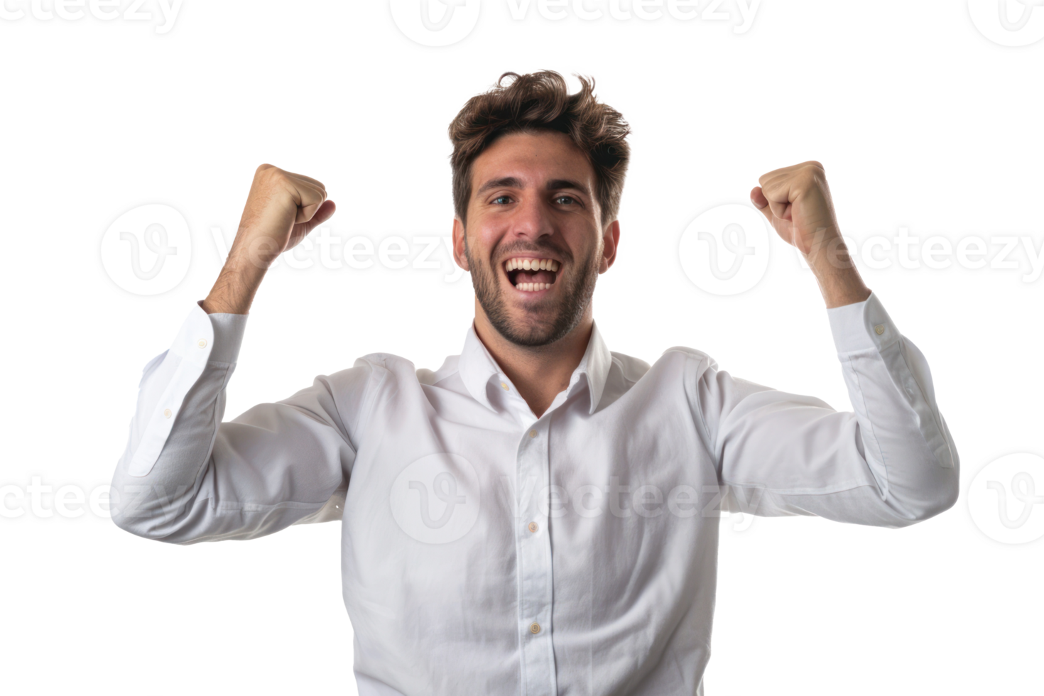Medium shot smiling young business man celebrating isolated on transparent background png