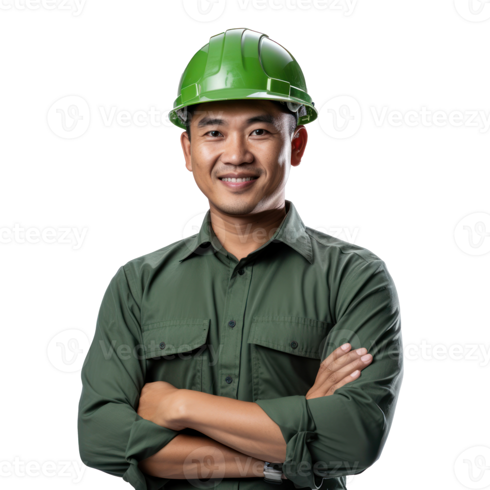 Portrait of attractive Southeast Asian engineer with green hard hat arms crossed smiling, standing isolated on transparent background png