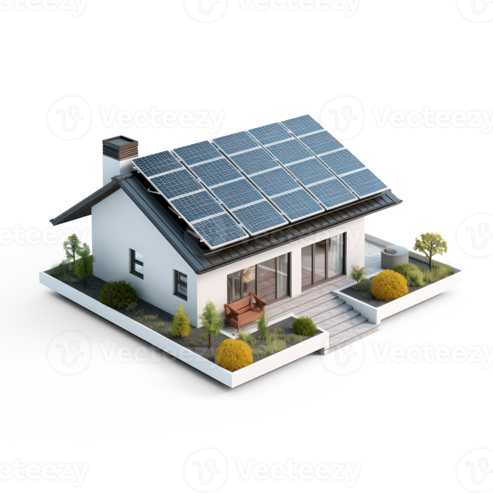 A house which has solar pannels on the roof which charge a large battery inside the house, transparent background png