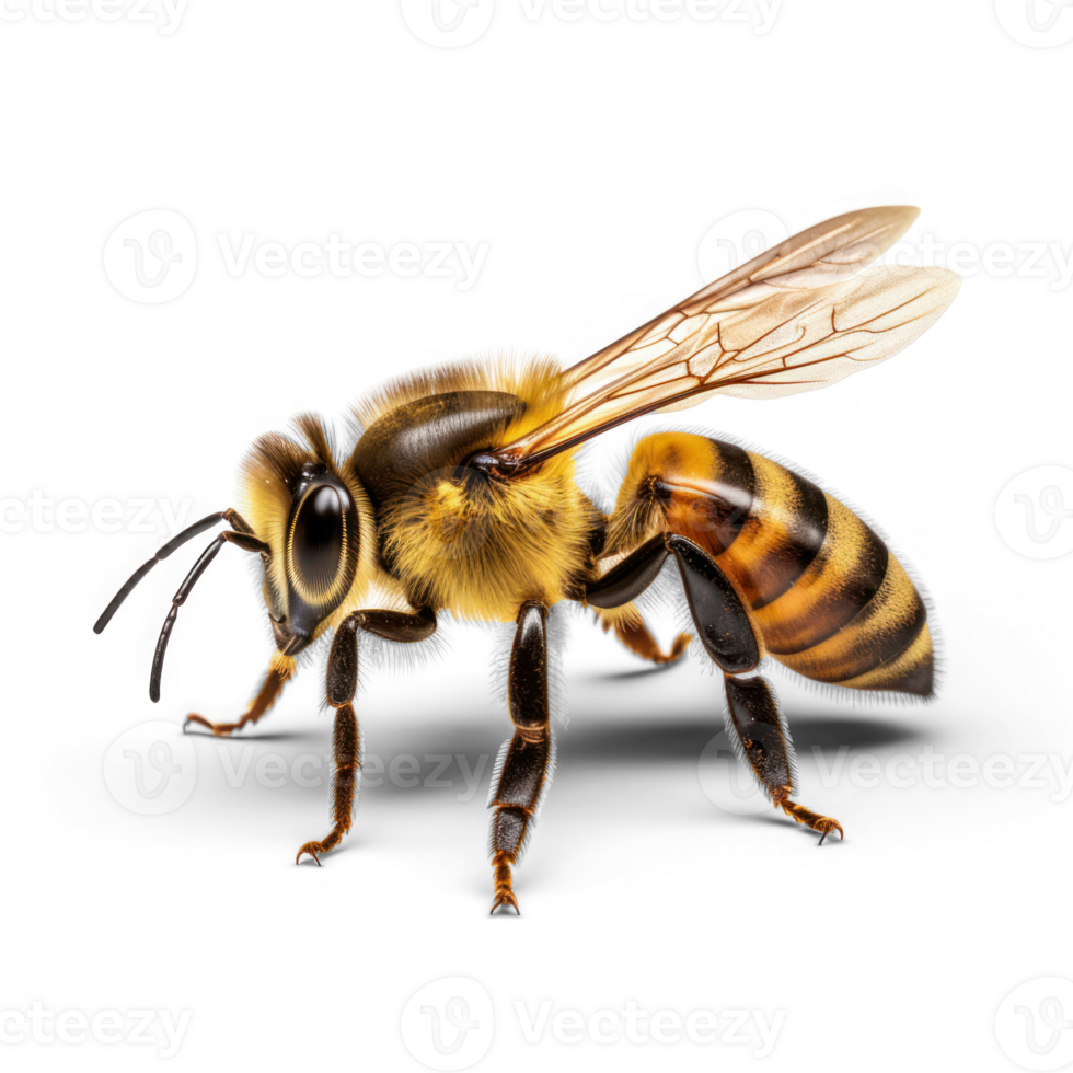 Close up of a perfect bee, high definition, 8k, very sharp on transparent background png