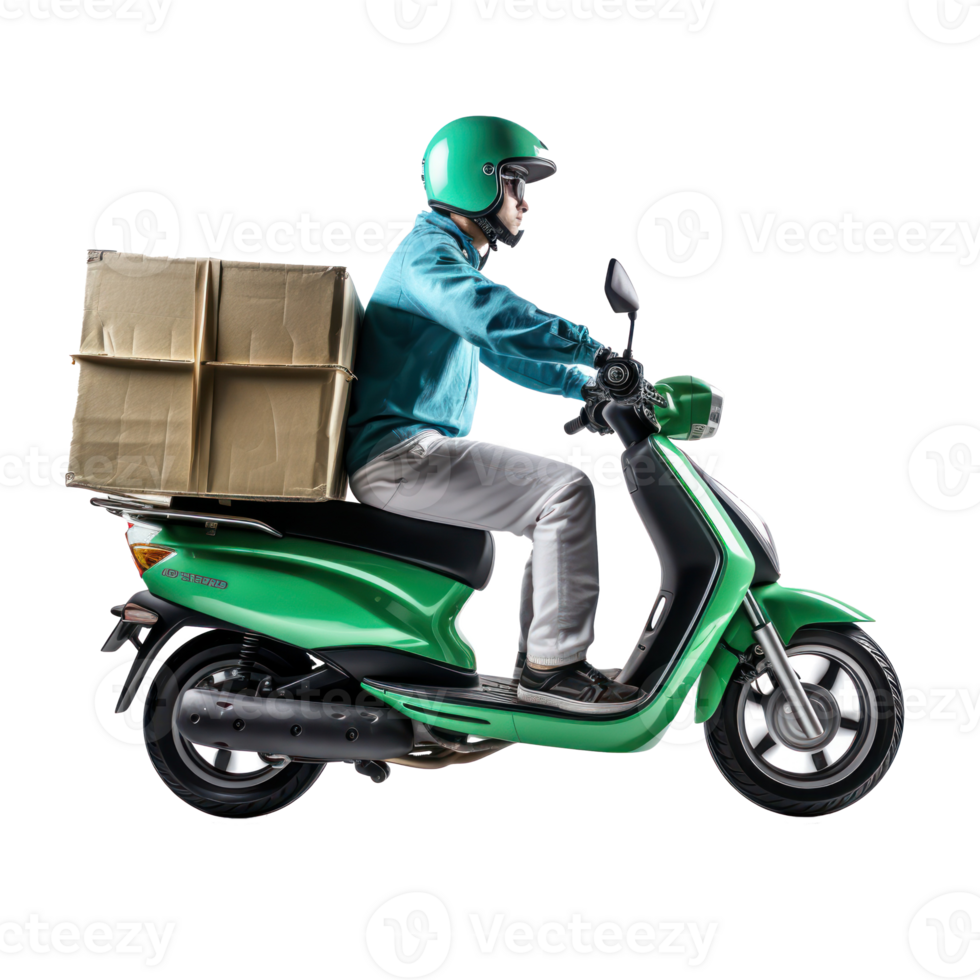 delivery person riding a motorcycle on transparent background png