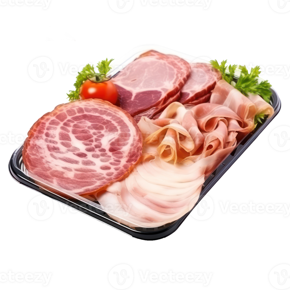 A plastic tray full of different kinds of hams, sliced, ready to eat, uhd, transparent background png