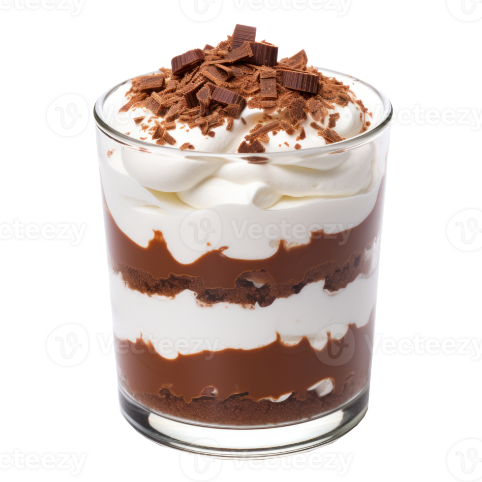 Chocolate Layered Sweet Treat in a rounded glass, on a transparent background png