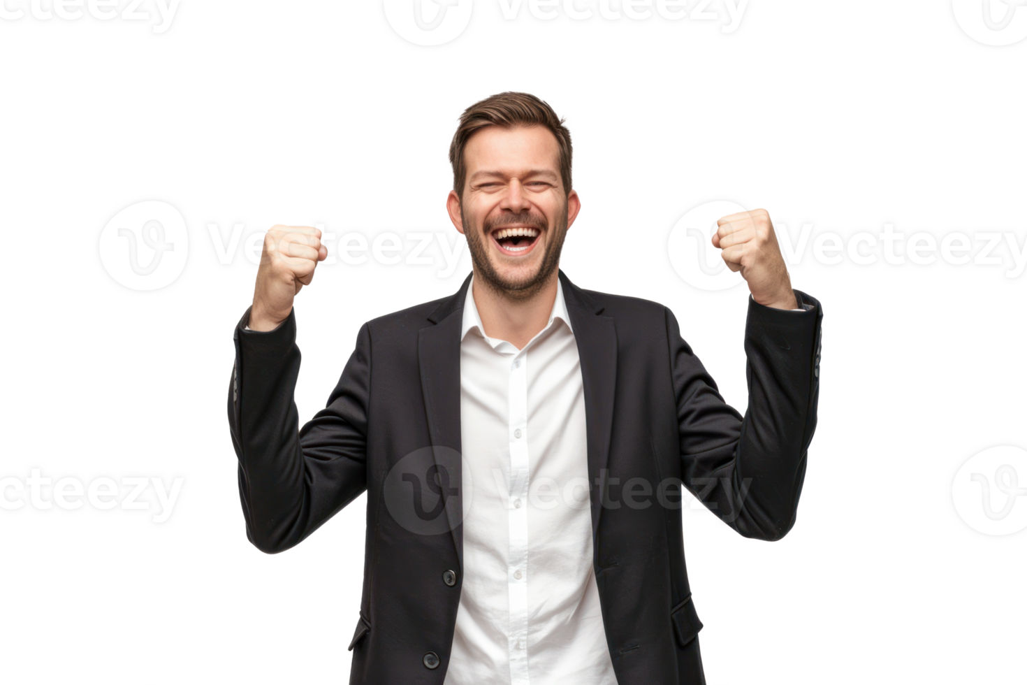 Medium shot smiling business man celebrating isolated on transparent background png