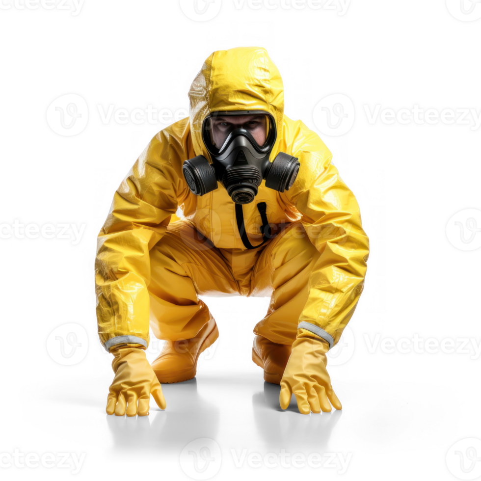 a man in a hazmat suit, tiptoeing, in front of a transparent background png